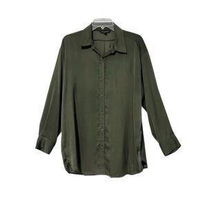 Banana Republic Button Down Blouse Medium Green Satin Silky Polished Career